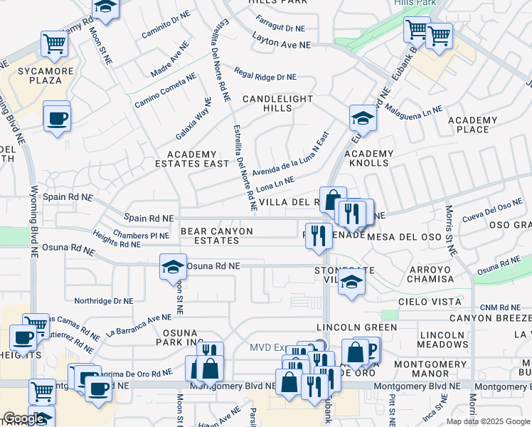 map of restaurants, bars, coffee shops, grocery stores, and more near 5300 Estrellita Del Norte Road Northeast in Albuquerque
