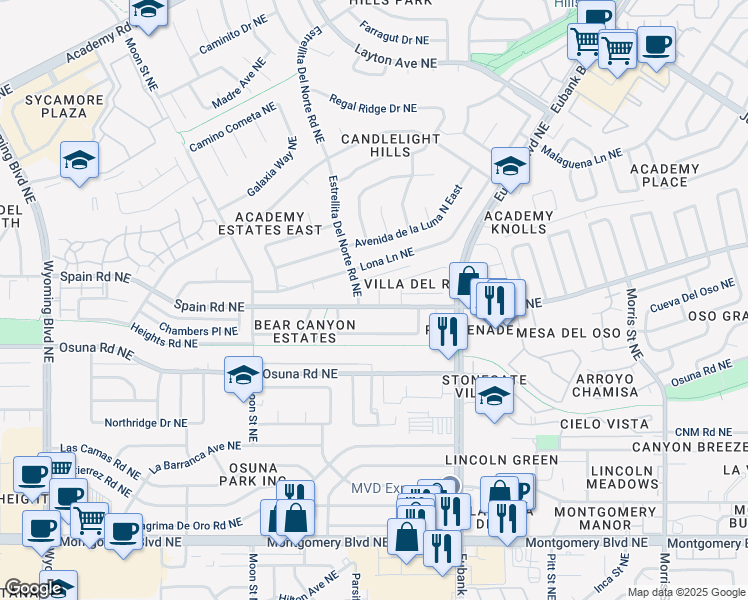 map of restaurants, bars, coffee shops, grocery stores, and more near 5300 Estrellita Del Norte Road Northeast in Albuquerque