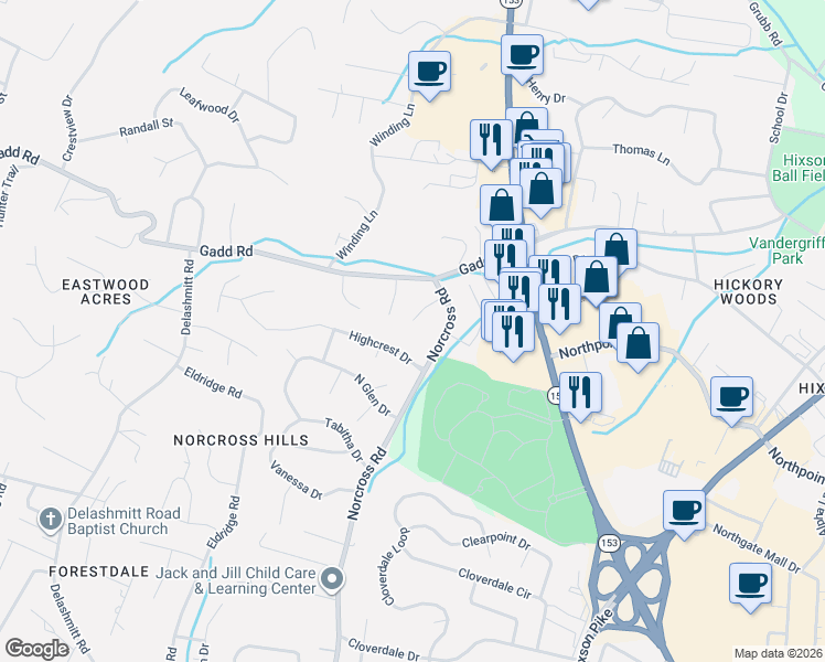 map of restaurants, bars, coffee shops, grocery stores, and more near 4731 Norcross Road in Chattanooga