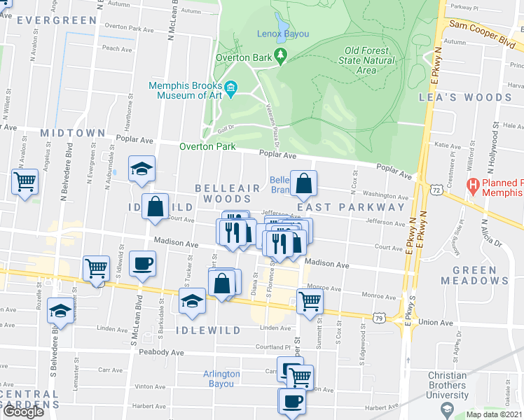 map of restaurants, bars, coffee shops, grocery stores, and more near 2059 Jefferson Avenue in Memphis