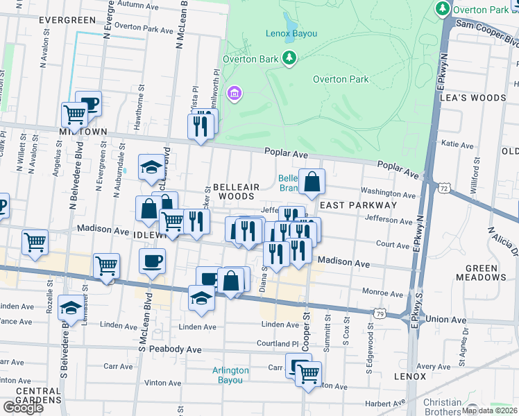map of restaurants, bars, coffee shops, grocery stores, and more near 2024 Jefferson Avenue in Memphis