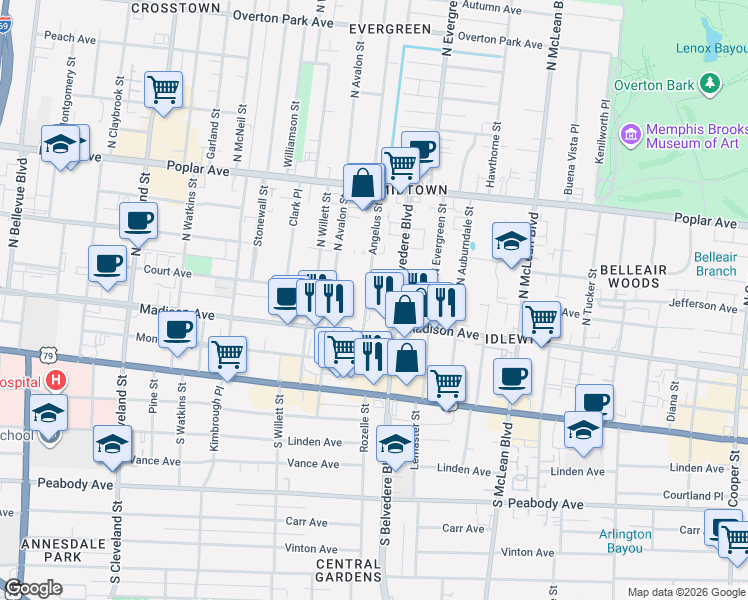 map of restaurants, bars, coffee shops, grocery stores, and more near 38 Angelus Street in Memphis