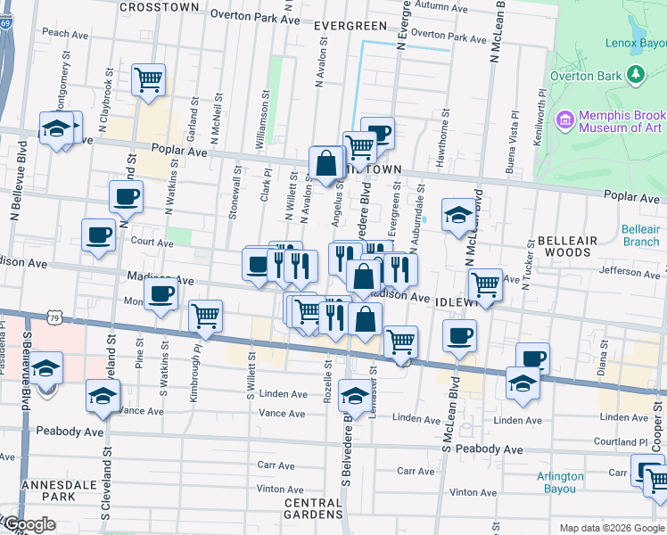 map of restaurants, bars, coffee shops, grocery stores, and more near 38 Angelus Street in Memphis