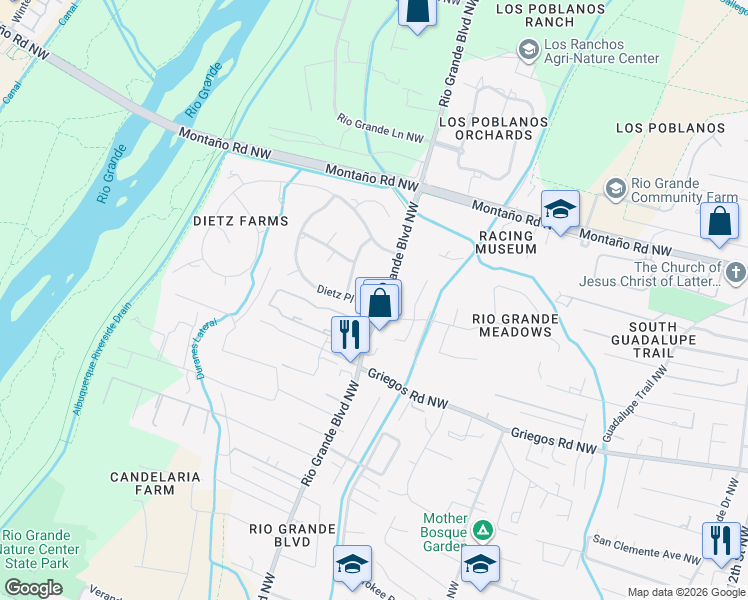 map of restaurants, bars, coffee shops, grocery stores, and more near 2101 Dietz Place Northwest in Albuquerque