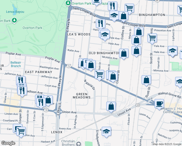 map of restaurants, bars, coffee shops, grocery stores, and more near 2504 Poplar Avenue in Memphis