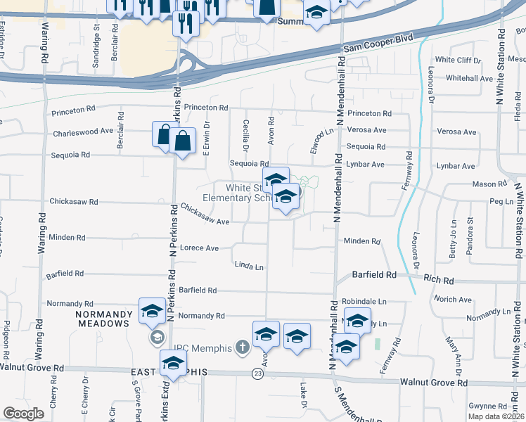 map of restaurants, bars, coffee shops, grocery stores, and more near 295 Avon Road in Memphis