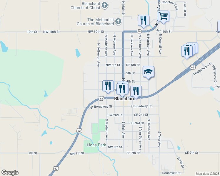 map of restaurants, bars, coffee shops, grocery stores, and more near 302 North Madison Avenue in Blanchard