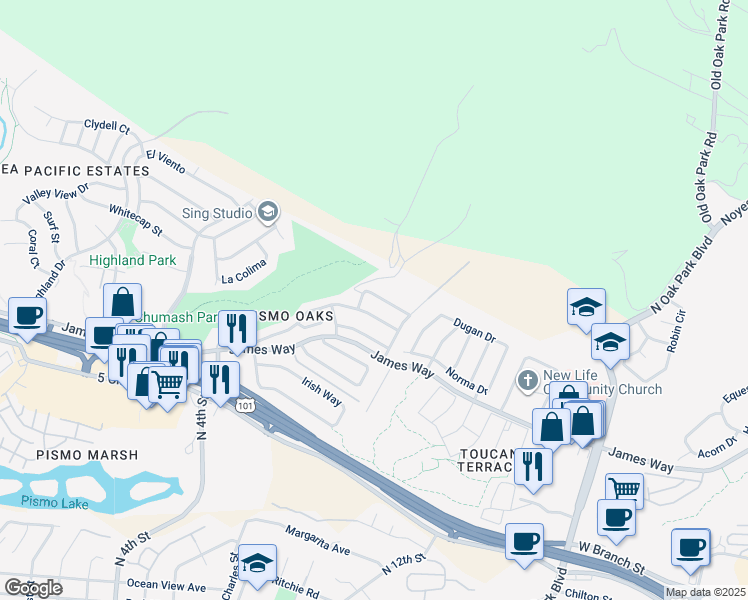 map of restaurants, bars, coffee shops, grocery stores, and more near 741 Panorama Drive in Pismo Beach