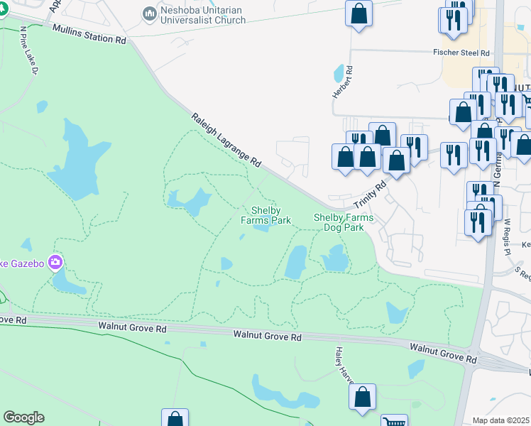 map of restaurants, bars, coffee shops, grocery stores, and more near Raleigh Lagrange Road in Memphis