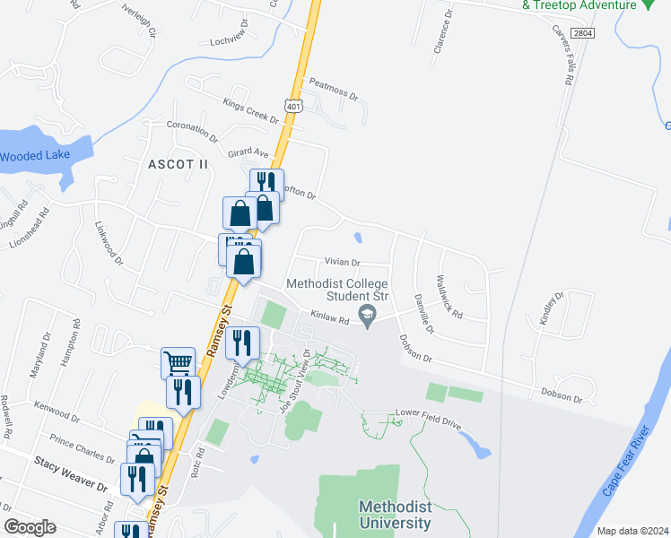 map of restaurants, bars, coffee shops, grocery stores, and more near 216 Vivian Drive in Fayetteville