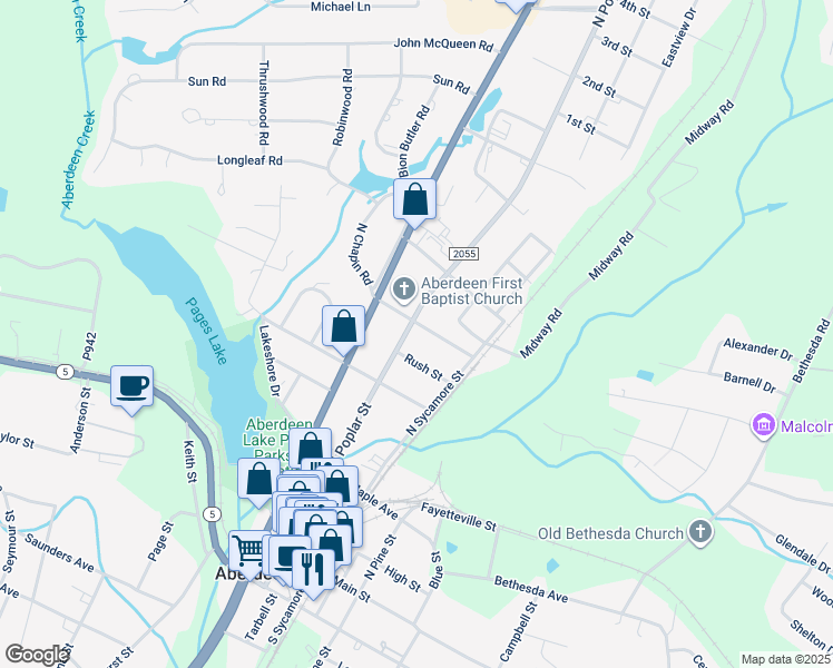 map of restaurants, bars, coffee shops, grocery stores, and more near 608 North Poplar Street in Aberdeen