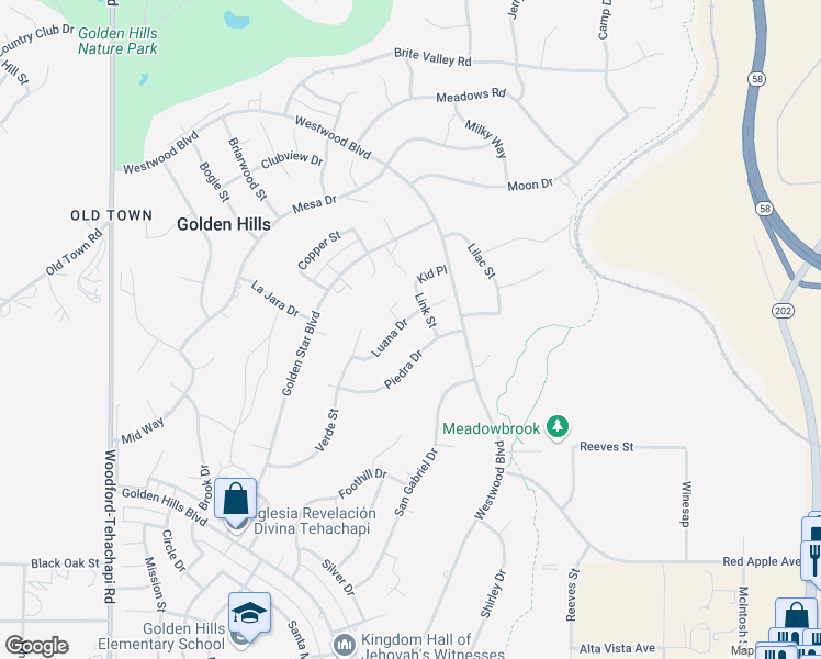 map of restaurants, bars, coffee shops, grocery stores, and more near 19808 Luana Drive in Tehachapi