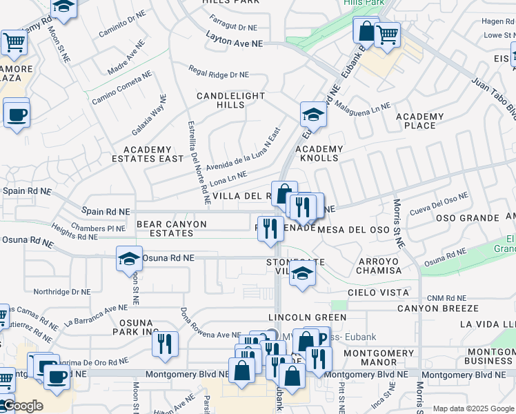 map of restaurants, bars, coffee shops, grocery stores, and more near 9616 Paseo Del Rey Northeast in Albuquerque