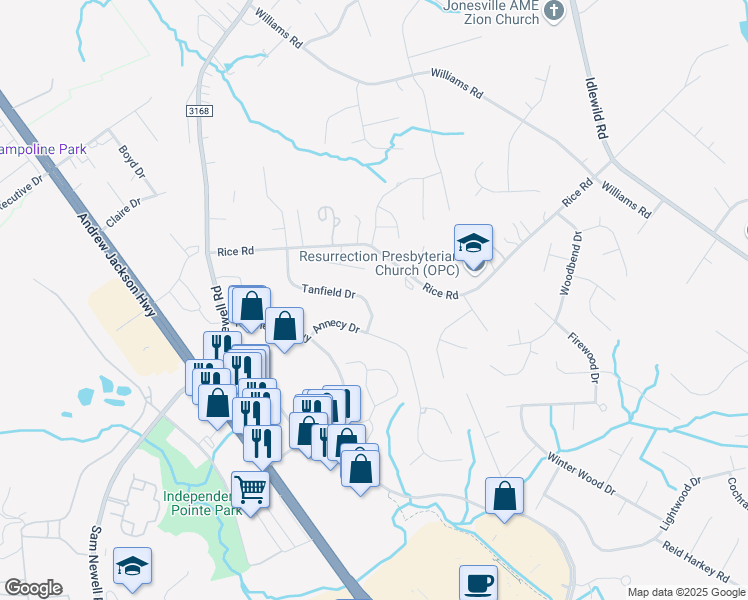 map of restaurants, bars, coffee shops, grocery stores, and more near 1832 Tanfield Drive in Matthews