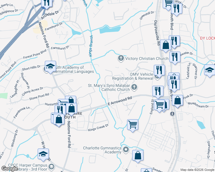 map of restaurants, bars, coffee shops, grocery stores, and more near 8218 Lodge South Circle in Charlotte
