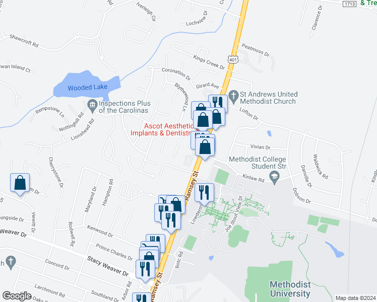 map of restaurants, bars, coffee shops, grocery stores, and more near 178 Aloha Drive in Fayetteville