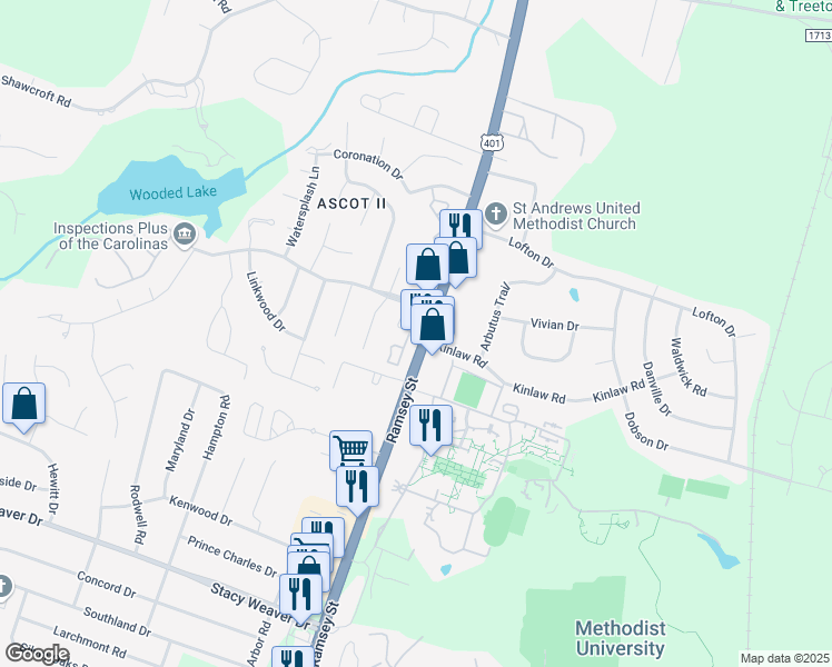 map of restaurants, bars, coffee shops, grocery stores, and more near 100 Aloha Drive in Fayetteville