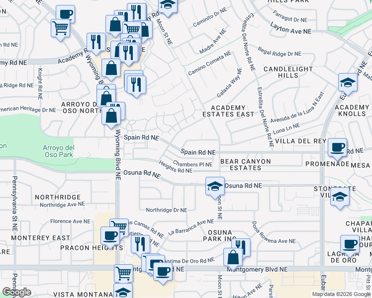map of restaurants, bars, coffee shops, grocery stores, and more near 8701 Spain Road Northeast in Albuquerque