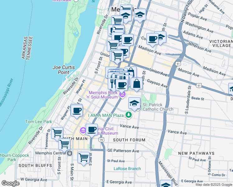 map of restaurants, bars, coffee shops, grocery stores, and more near 200 South 2nd Street in Memphis