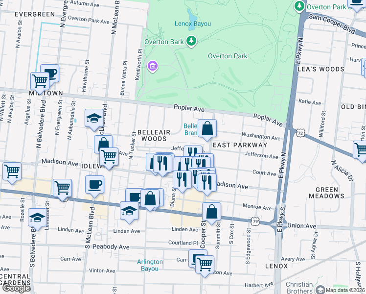 map of restaurants, bars, coffee shops, grocery stores, and more near 2064 Jefferson Avenue in Memphis