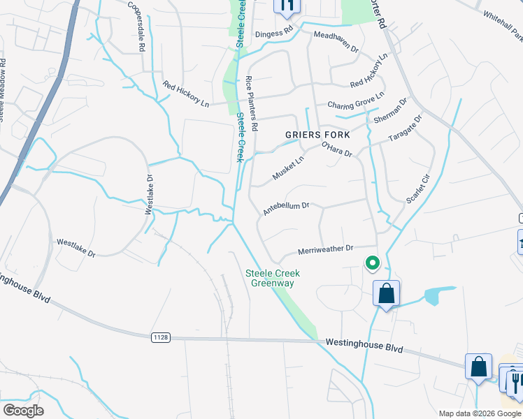 map of restaurants, bars, coffee shops, grocery stores, and more near 11612 Antebellum Drive in Charlotte