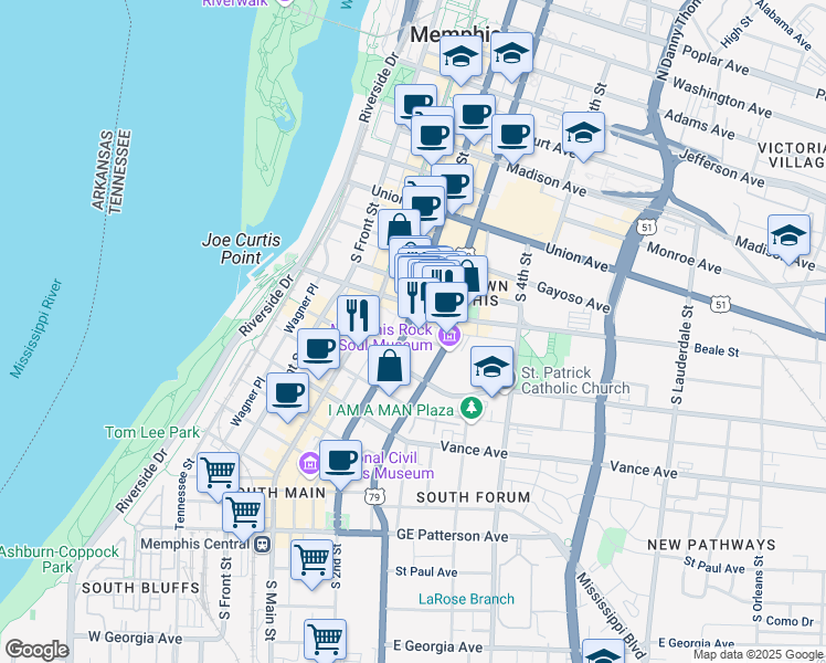 map of restaurants, bars, coffee shops, grocery stores, and more near in Memphis