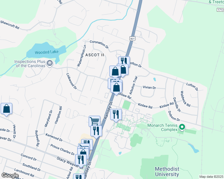 map of restaurants, bars, coffee shops, grocery stores, and more near 104 Aloha Drive in Fayetteville