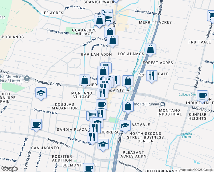 map of restaurants, bars, coffee shops, grocery stores, and more near 333 Montaño Road Northwest in Albuquerque