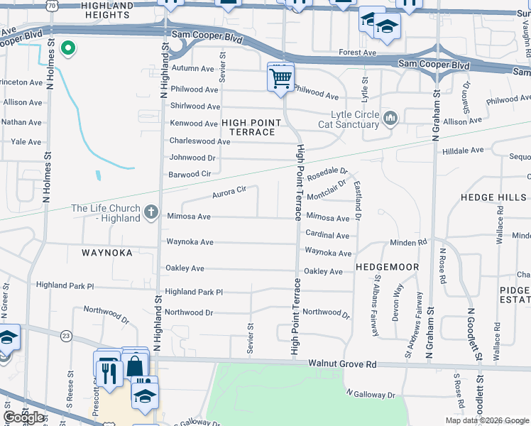map of restaurants, bars, coffee shops, grocery stores, and more near 3686 Mimosa Avenue in Memphis