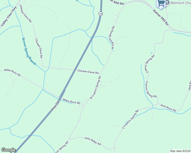 map of restaurants, bars, coffee shops, grocery stores, and more near 2389 West Francis Spring Road in Whitwell