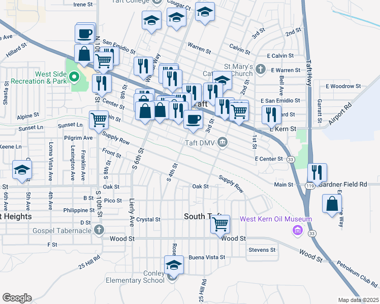 map of restaurants, bars, coffee shops, grocery stores, and more near 317 Main Street in Taft