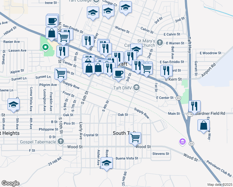 map of restaurants, bars, coffee shops, grocery stores, and more near 317 Main Street in Taft