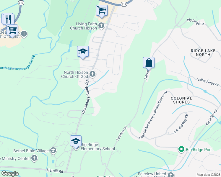 map of restaurants, bars, coffee shops, grocery stores, and more near 6101 Amber Forest Trail in Chattanooga