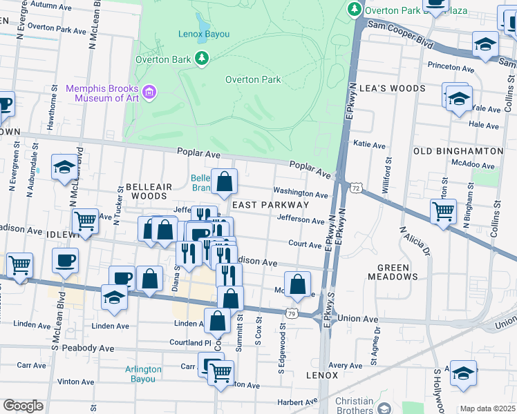 map of restaurants, bars, coffee shops, grocery stores, and more near 2190 Jefferson Avenue in Memphis