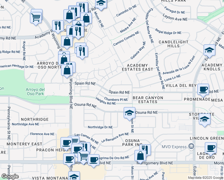 map of restaurants, bars, coffee shops, grocery stores, and more near 8701 Spain Road Northeast in Albuquerque
