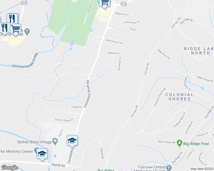 map of restaurants, bars, coffee shops, grocery stores, and more near 5424 Cassandra Smith Road in Chattanooga