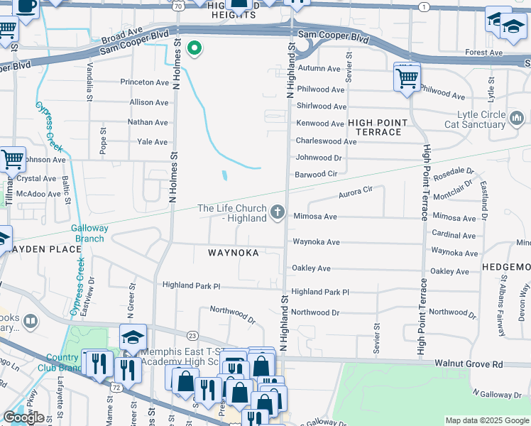 map of restaurants, bars, coffee shops, grocery stores, and more near 255 North Highland Street in Memphis