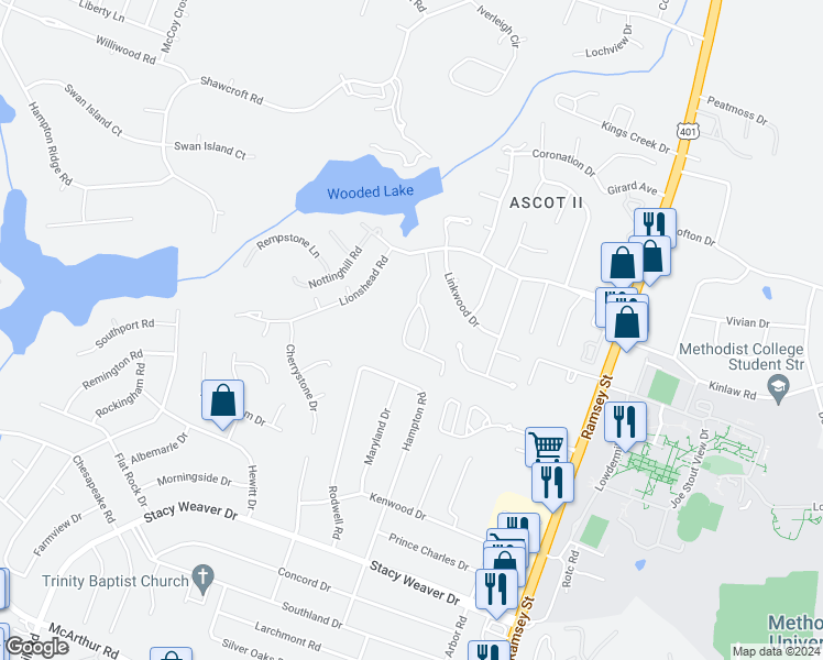map of restaurants, bars, coffee shops, grocery stores, and more near 341 Bubble Creek Court in Fayetteville