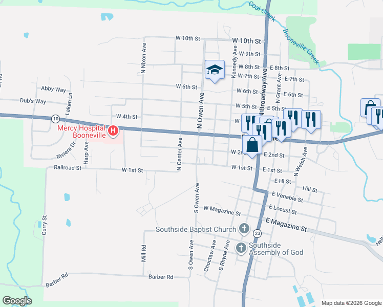 map of restaurants, bars, coffee shops, grocery stores, and more near 392 West 2nd Street in Booneville