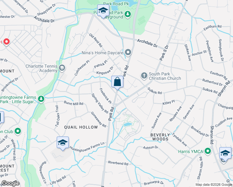 map of restaurants, bars, coffee shops, grocery stores, and more near Park Road in Mecklenburg County