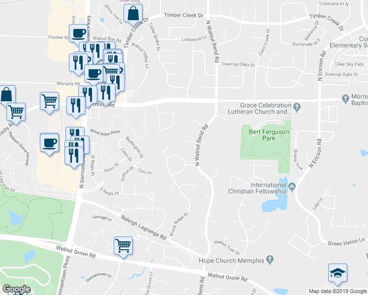 map of restaurants, bars, coffee shops, grocery stores, and more near 8293 Cedar Trail Cove in Memphis