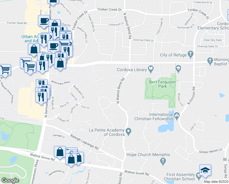 map of restaurants, bars, coffee shops, grocery stores, and more near 8309 Cedar Trail Cove in Memphis