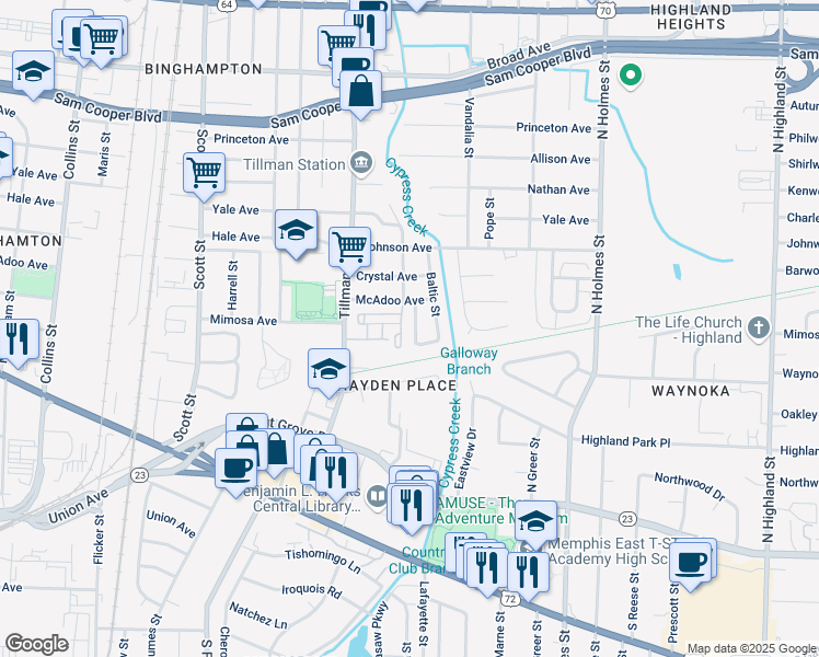 map of restaurants, bars, coffee shops, grocery stores, and more near 3052 Tillman Cove in Memphis