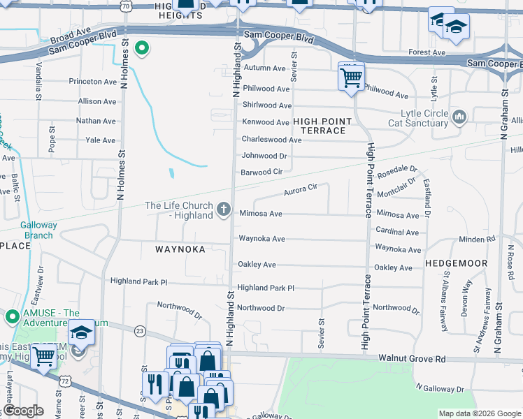 map of restaurants, bars, coffee shops, grocery stores, and more near 3550 Mimosa Avenue in Memphis