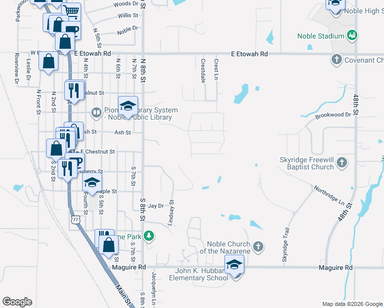 map of restaurants, bars, coffee shops, grocery stores, and more near 301 North 8th Street in Noble