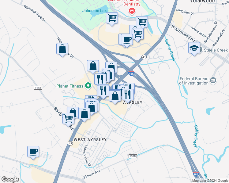 map of restaurants, bars, coffee shops, grocery stores, and more near 8505 South Tryon Street in Charlotte