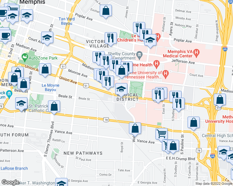 map of restaurants, bars, coffee shops, grocery stores, and more near 718 Union Avenue in Memphis