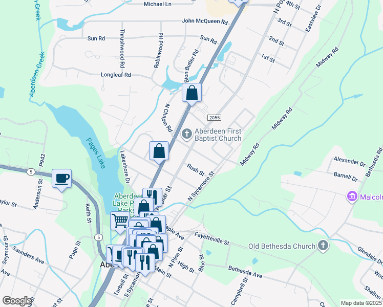 map of restaurants, bars, coffee shops, grocery stores, and more near 608 North Poplar Street in Aberdeen