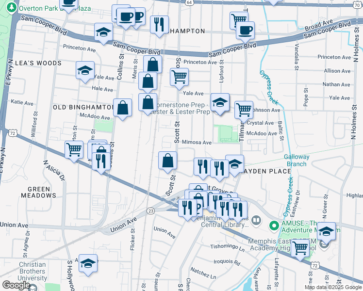 map of restaurants, bars, coffee shops, grocery stores, and more near 2832 Shady Oak Avenue in Memphis