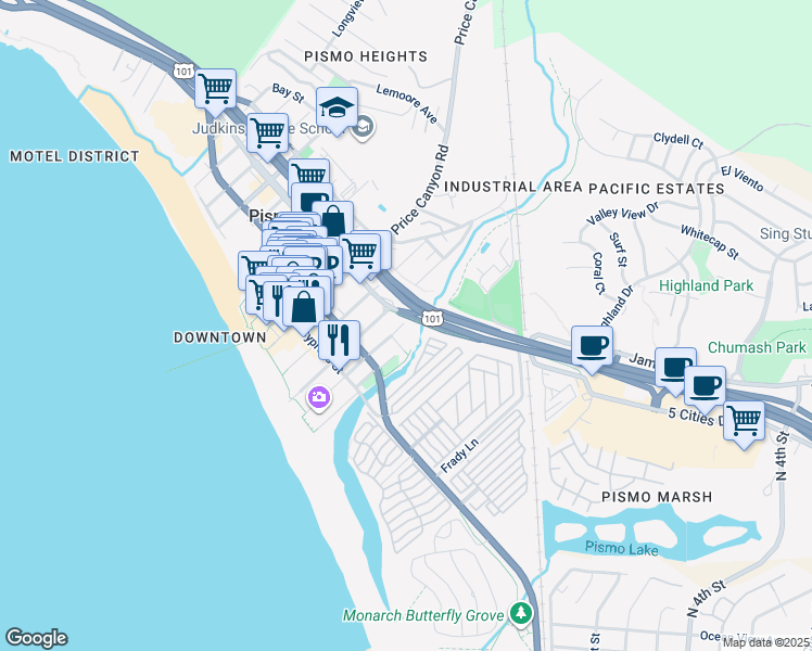 map of restaurants, bars, coffee shops, grocery stores, and more near 376 Park Avenue in Pismo Beach